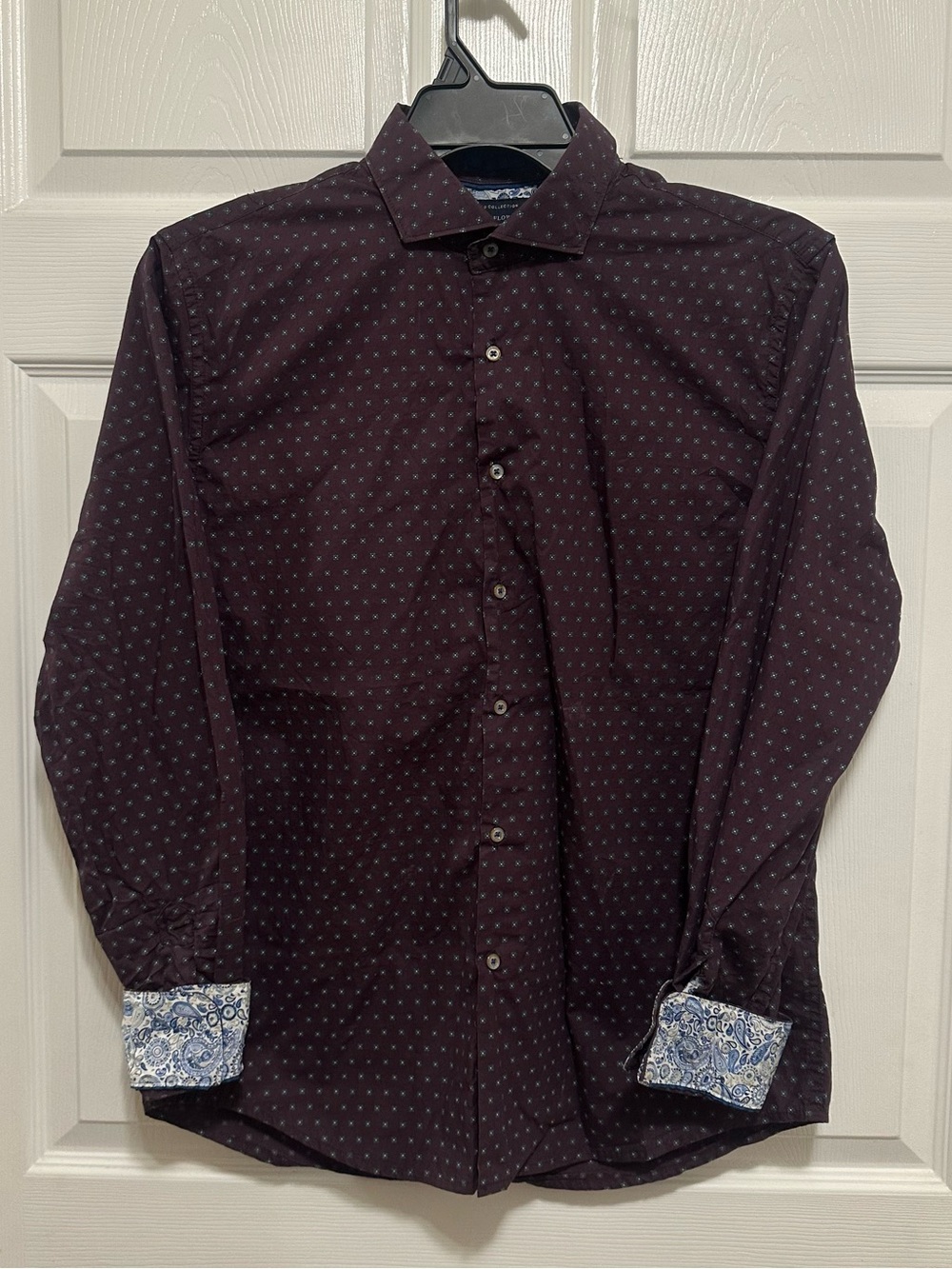 Denim & Flower Ricky Singh Mens Large Maroon Geo Print Paisley Trim Dress Shirt